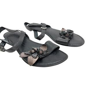 Born Black Genuine Leather Ankle Strap Sandals Womens Flats Shoes 3D Flowers 8